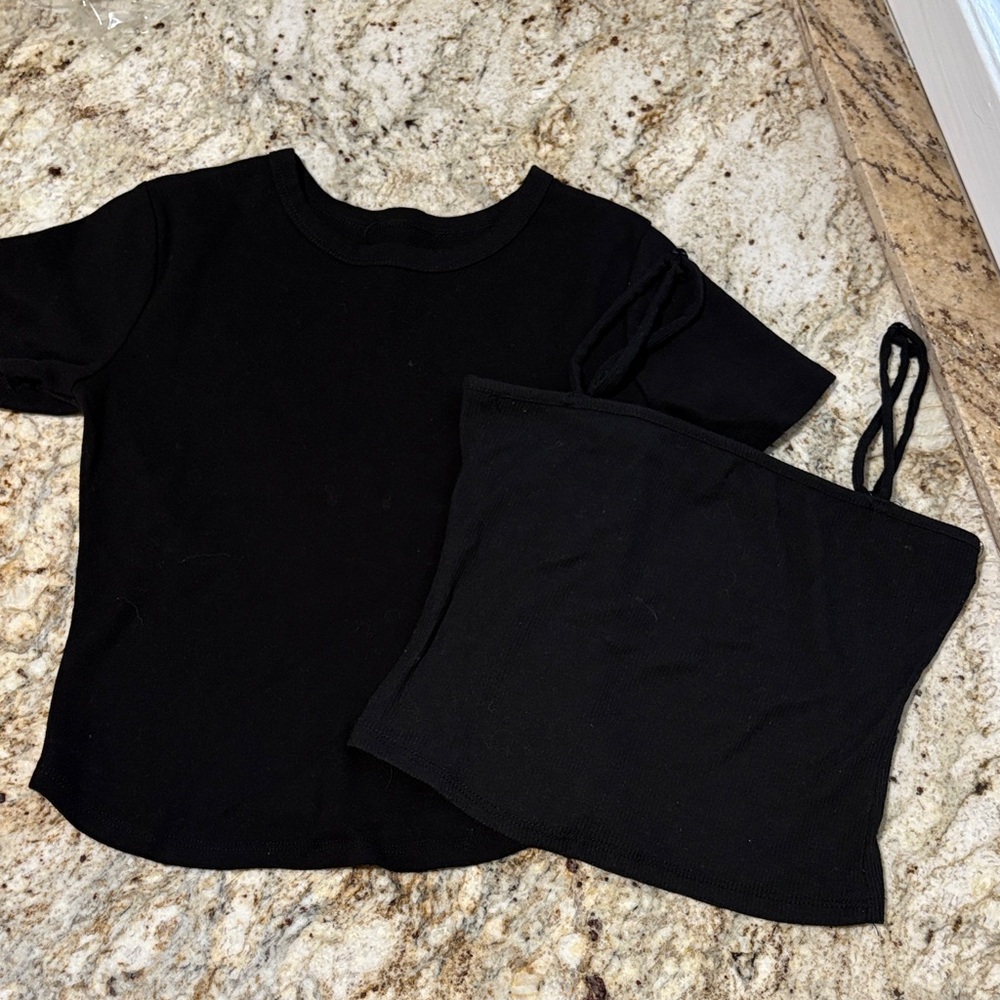 Black Ribbed Tube Top and Short Sleeve Tee Set